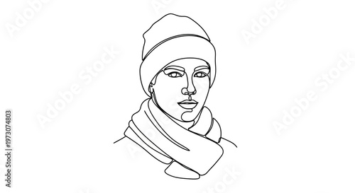 Single line drawing of a person wearing a beanie and scarf