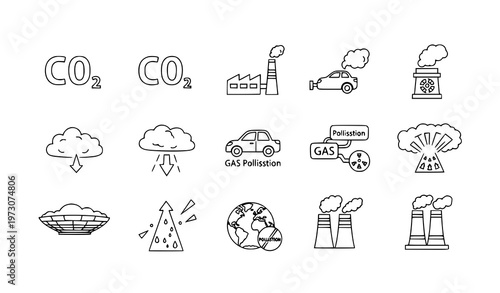 CO2 pollution doodle icon set hand drawn air emission and environment outline vector collection
