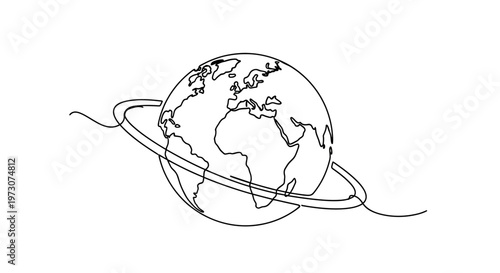 Single-line drawing of Earth with orbital rings