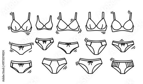 Sticker style lingerie doodle icons bold outline women underwear vector set