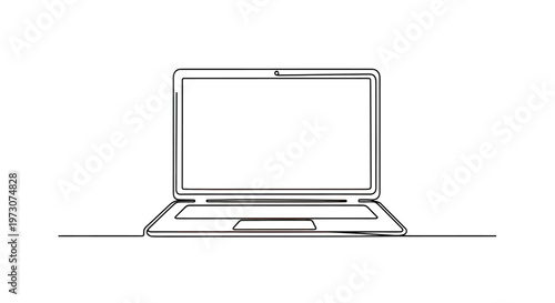 A continuous line drawing of an open laptop on a white background