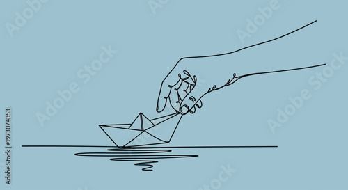Single line drawing of hand placing origami boat on water with ripples
