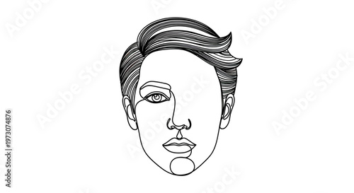 A minimalist black and white line drawing of a face, featuring flowing hair and defined features