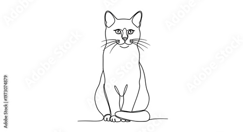 Single-line drawing of a seated domestic cat with large ears and alert eyes