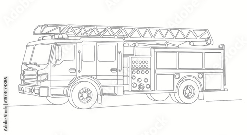 A detailed line drawing of a fire truck with an extended ladder