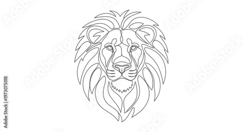 Minimalist, single-line drawing of a majestic lion's head with a flowing mane