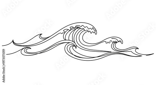 Stylized line art depicting dynamic ocean waves crashing with foam detail