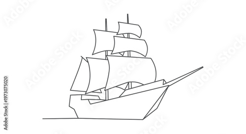 Stylized outline drawing of a sailing ship with full sails against a white background