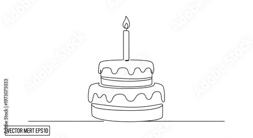 Simple line drawing of a two-tiered birthday cake with a single lit candle
