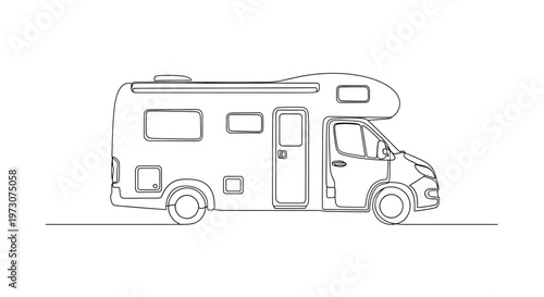 Black and white outline of a recreational vehicle with windows and wheels