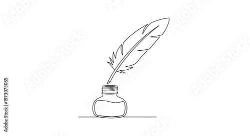 Simple black line drawing of a quill pen and inkwell on a white background