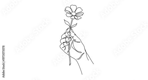 Line art of a hand holding a single flower