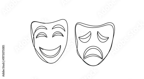 Two thin-lined theatrical masks, one happy, one sad, on a white background