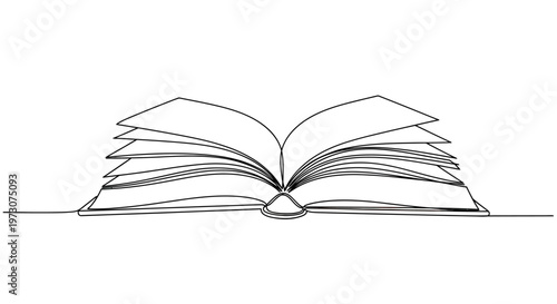 An open book with pages fanned out, drawn in a single continuous line