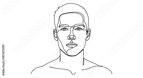 A minimalist one-line drawing of a young man's face and shoulders
