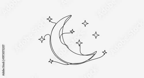 Minimalist crescent moon and stars line art on a white background