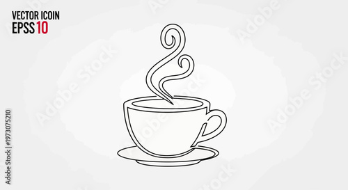 Simple line art of a steaming coffee cup on a saucer