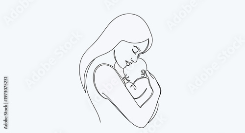 Delicate line art depicts a tender embrace between a mother and her newborn child