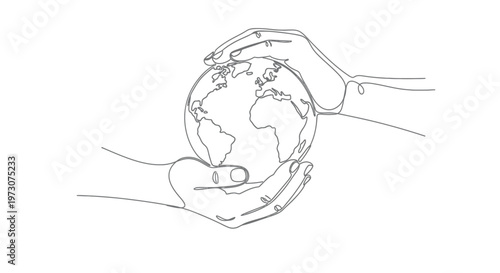 Two hands gently cradle a planet in a delicate, continuous line drawing