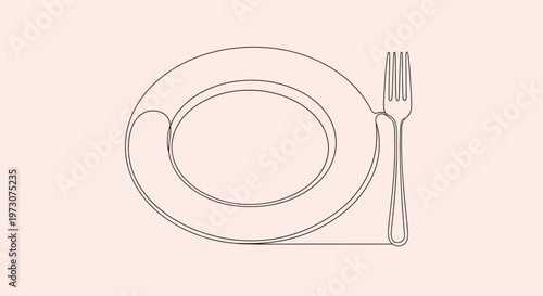 Minimalist line art depicts a fork resting beside a plate