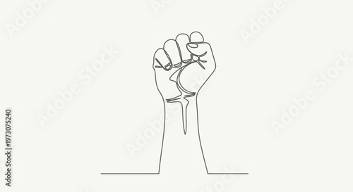 Minimalist line art depicts a raised fist with a clenched hand