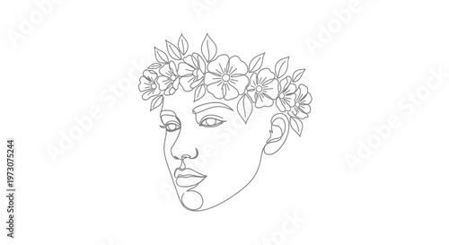 Minimalist line art profile of a woman adorned with a floral crown
