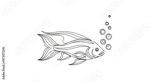 Stylized black line drawing of a fish swimming and emitting bubbles