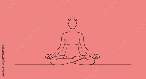 Single line drawing of person meditating on a pink background