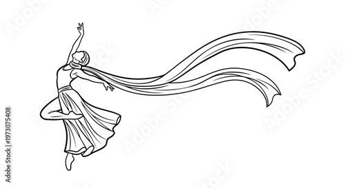A ballerina gracefully leaps, her flowing gown and scarf trailing behind her