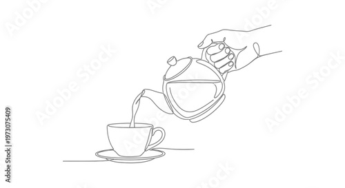Hand pouring liquid from a teapot into a teacup on a saucer