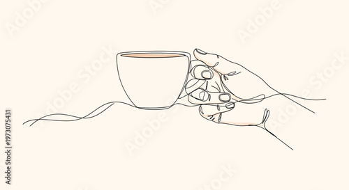 Elegant one-line drawing of a hand holding a beverage cup, simple and refined
