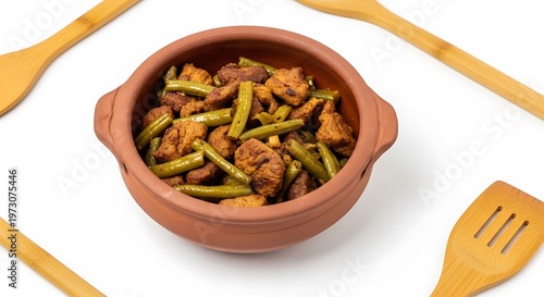 Delicious Chicken and Green Beans in Terracotta Bowl with Wooden Utensils