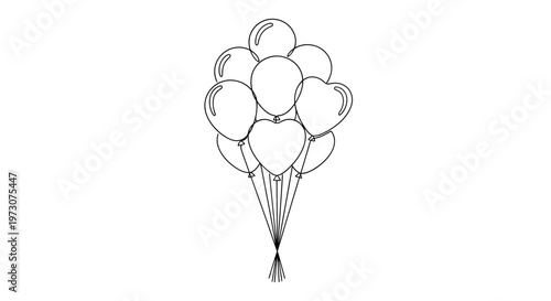 A bunch of balloons, including heart shapes, tied with strings
