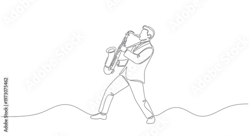 Minimalist single line drawing of a person playing a saxophone