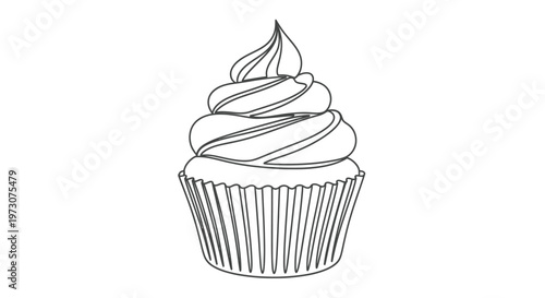 Black outline drawing of a frosted cupcake in a fluted wrapper