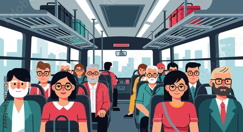 Diverse passengers traveling inside a modern bus during daytime, city view
