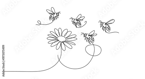 Minimalist line art depicts five bees buzzing around a single flower
