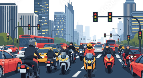 Busy City Traffic Jam with Motorcycles and Cars on a Sunny Day