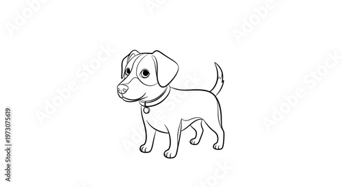 Simple black and white illustration of a small dog with floppy ears wearing a collar