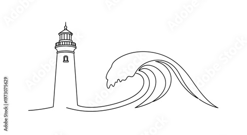 Minimalist line drawing of a lighthouse standing beside a crashing wave