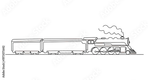 Stylized black and white drawing of a steam locomotive with tender and two passenger cars