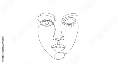 Minimalist single-line drawing of a face, one eye open, one winking