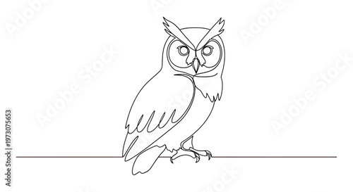 A single line drawing of an owl perched on a thin branch