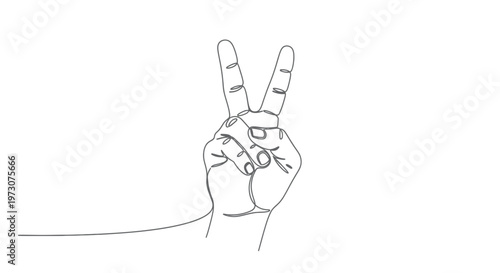 Minimalist grey line drawing of a hand making a peace sign