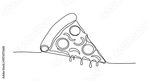Single-line drawing of a triangular slice of pizza with melted cheese dripping