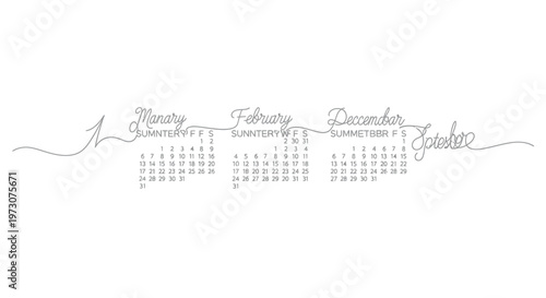 Artistic script displays fragmented calendars for January, February, December, and September