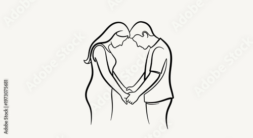 A couple holds hands and bows heads in a minimalist line art drawing