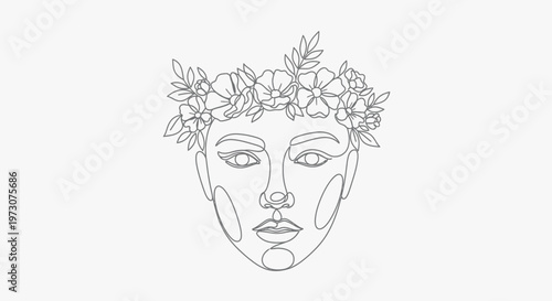 Minimalist line art depicts a woman's face adorned with a delicate floral crown