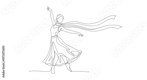 Graceful dancer in flowing attire, arms extended, captured in a single continuous line