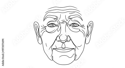 A stark, minimalist line drawing depicts an aged face with prominent wrinkles
